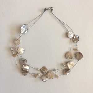 White neutral color shell illusion necklace - multistrand shell and faux pearl